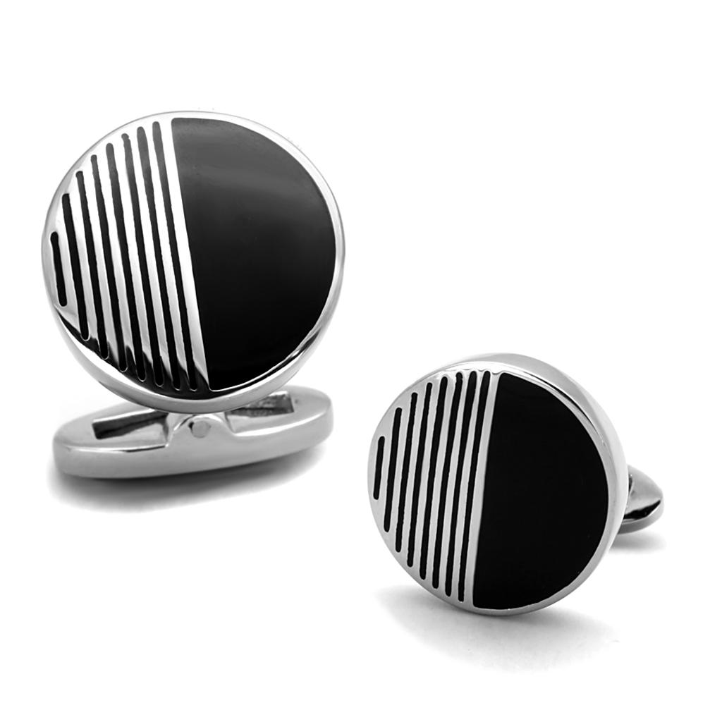 High polished (no plating) Stainless Steel Cufflink with Epoxy  in Jet