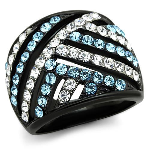 Two-Tone IP Black Stainless Steel Ring with Top Grade Crystal  in Sea Blue