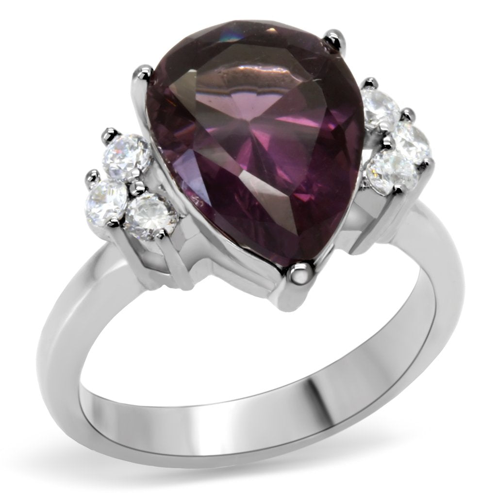 High polished (no plating) Stainless Steel Ring with Synthetic Synthetic Glass in Amethyst