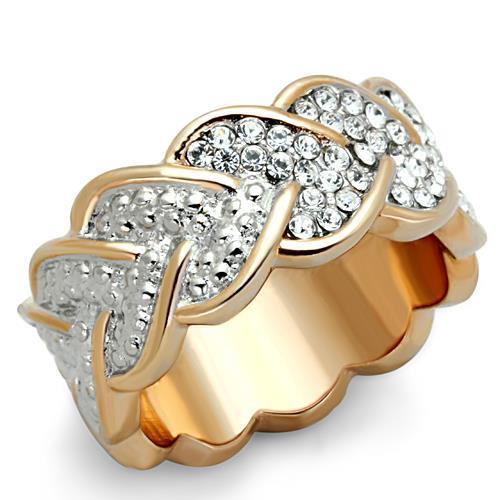 Two-Tone IP Rose Gold Stainless Steel Ring with Top Grade Crystal  in Clear