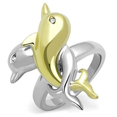 Two-Tone IP Gold (Ion Plating) Stainless Steel Ring with Top Grade Crystal  in Clear