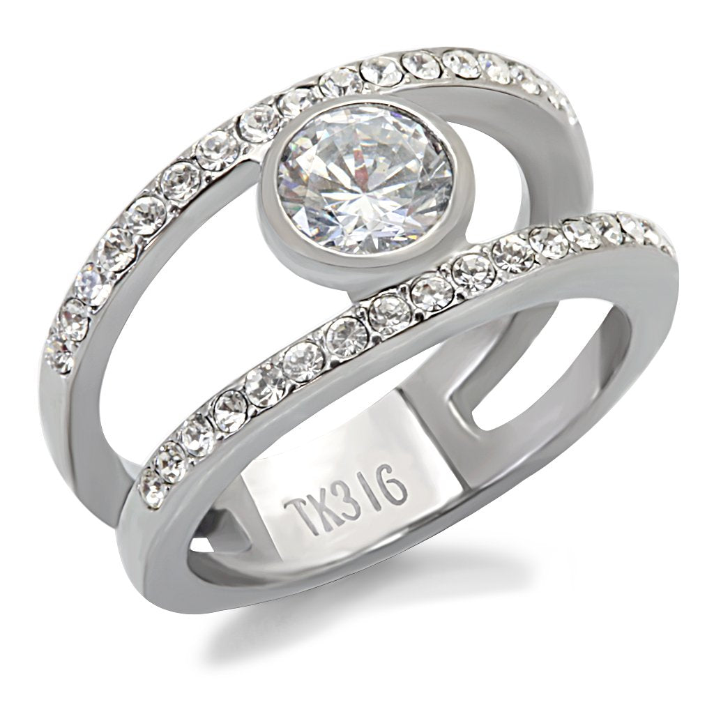 High polished (no plating) Stainless Steel Ring with AAA Grade CZ  in Clear