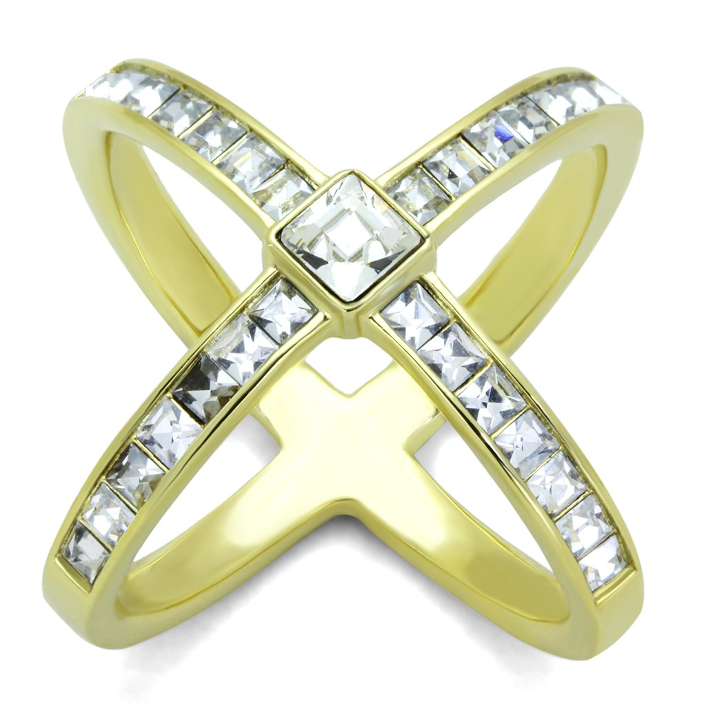 IP Gold(Ion Plating) Stainless Steel Ring with Top Grade Crystal  in Clear