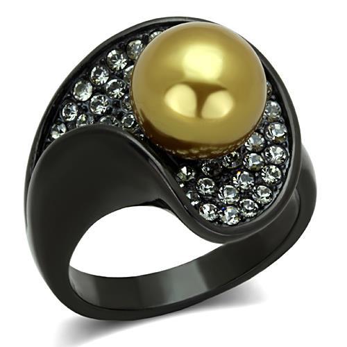 IP Black(Ion Plating) Stainless Steel Ring with Synthetic Pearl in Champagne
