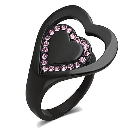 IP Black(Ion Plating) Stainless Steel Ring with Top Grade Crystal  in Light Rose
