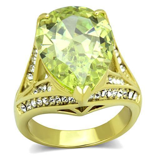 IP Gold(Ion Plating) Stainless Steel Ring with AAA Grade CZ  in Apple Green color