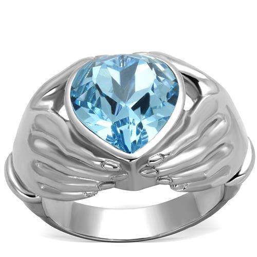 High polished (no plating) Stainless Steel Ring with Top Grade Crystal  in Sea Blue