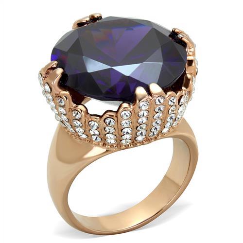 IP Rose Gold(Ion Plating) Stainless Steel Ring with AAA Grade CZ  in Amethyst