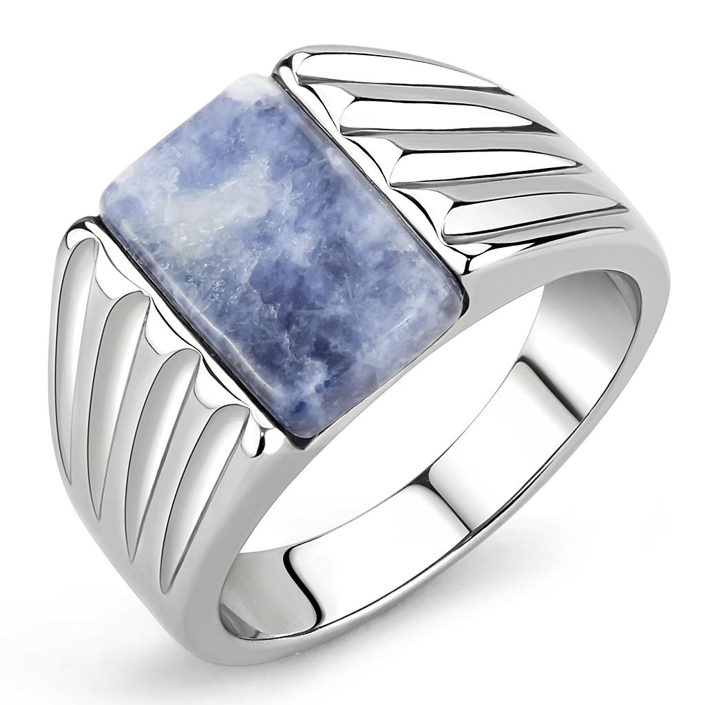 High polished (no plating) Stainless Steel Ring with Semi-Precious Sodalite in Capri Blue