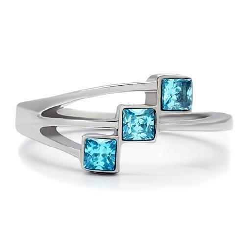 High polished (no plating) Stainless Steel Ring with Synthetic Synthetic Glass in Sea Blue