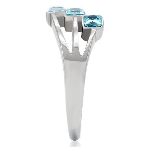 High polished (no plating) Stainless Steel Ring with Synthetic Synthetic Glass in Sea Blue