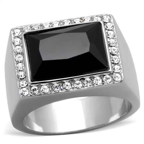 High polished (no plating) Stainless Steel Ring with Synthetic Onyx in Jet