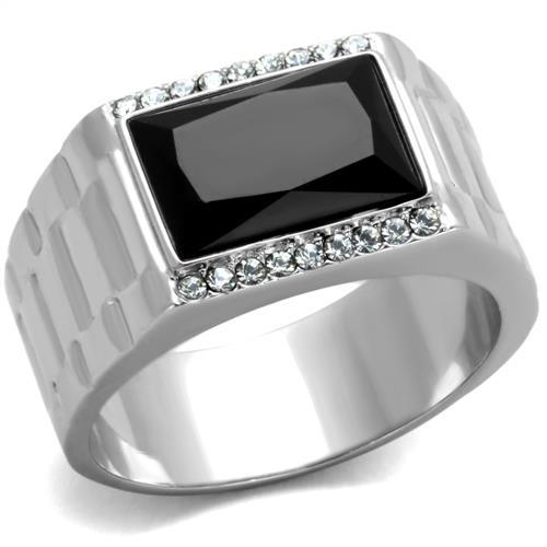 High polished (no plating) Stainless Steel Ring with Synthetic Onyx in Jet