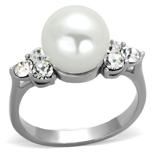 High polished (no plating) Stainless Steel Ring with Synthetic Pearl in White