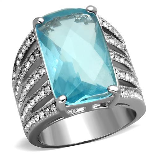 High polished (no plating) Stainless Steel Ring with Synthetic Synthetic Glass in Sea Blue
