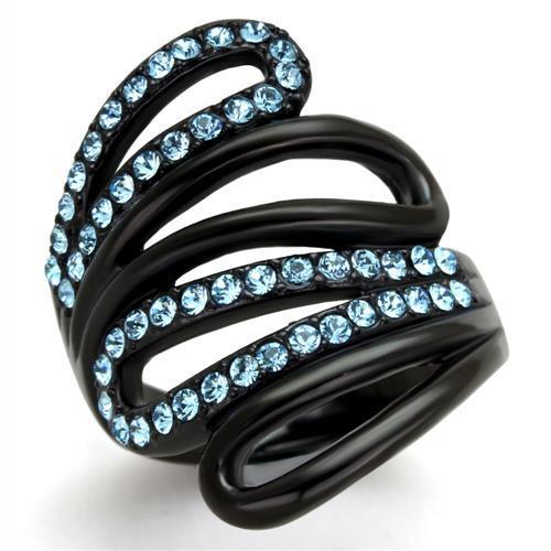 IP Black(Ion Plating) Stainless Steel Ring with Top Grade Crystal  in Sea Blue