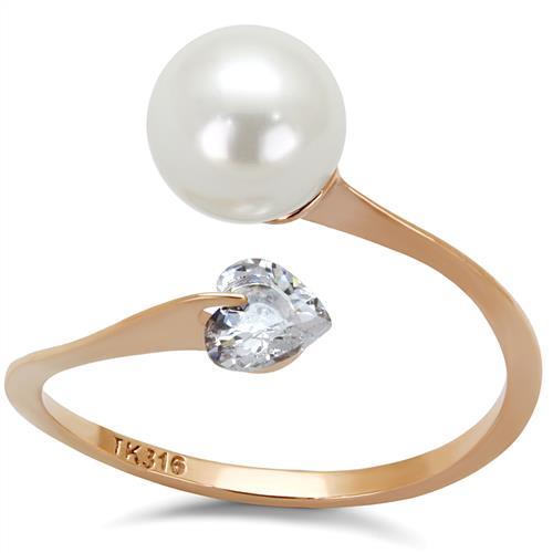 IP Rose Gold(Ion Plating) Stainless Steel Ring with Synthetic Pearl in White