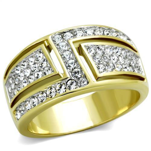 Two-Tone IP Gold (Ion Plating) Stainless Steel Ring with Top Grade Crystal  in Clear