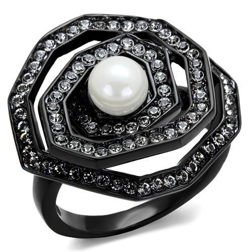 IP Black(Ion Plating) Stainless Steel Ring with Synthetic Pearl in White