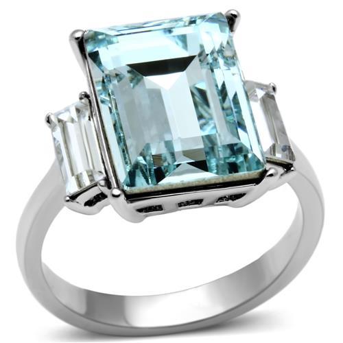 High polished (no plating) Stainless Steel Ring with Top Grade Crystal  in Sea Blue