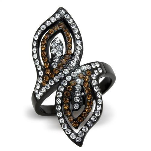 IP Black(Ion Plating) Stainless Steel Ring with Top Grade Crystal  in Smoked Quartz