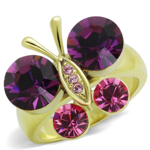 IP Gold(Ion Plating) Stainless Steel Ring with Top Grade Crystal  in Amethyst