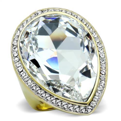 Two-Tone IP Gold (Ion Plating) Stainless Steel Ring with Top Grade Crystal  in Clear