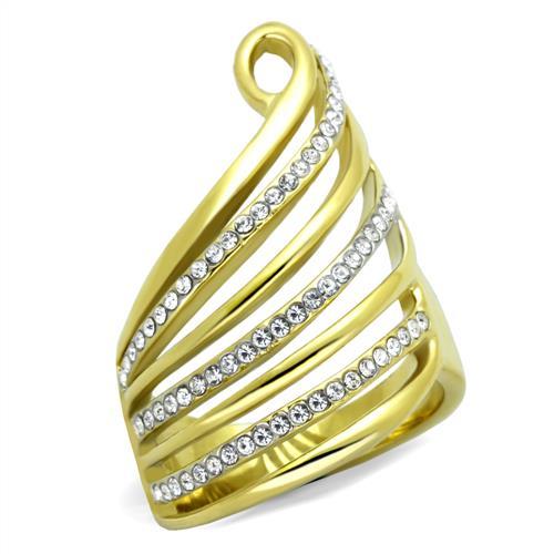 Two-Tone IP Gold (Ion Plating) Stainless Steel Ring with Top Grade Crystal  in Clear