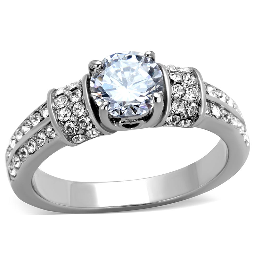 High polished (no plating) Stainless Steel Ring with AAA Grade CZ  in Clear