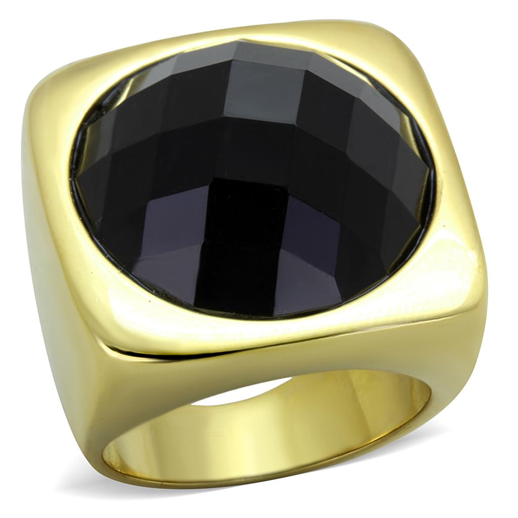 IP Gold(Ion Plating) Stainless Steel Ring with Synthetic Synthetic Stone in Jet
