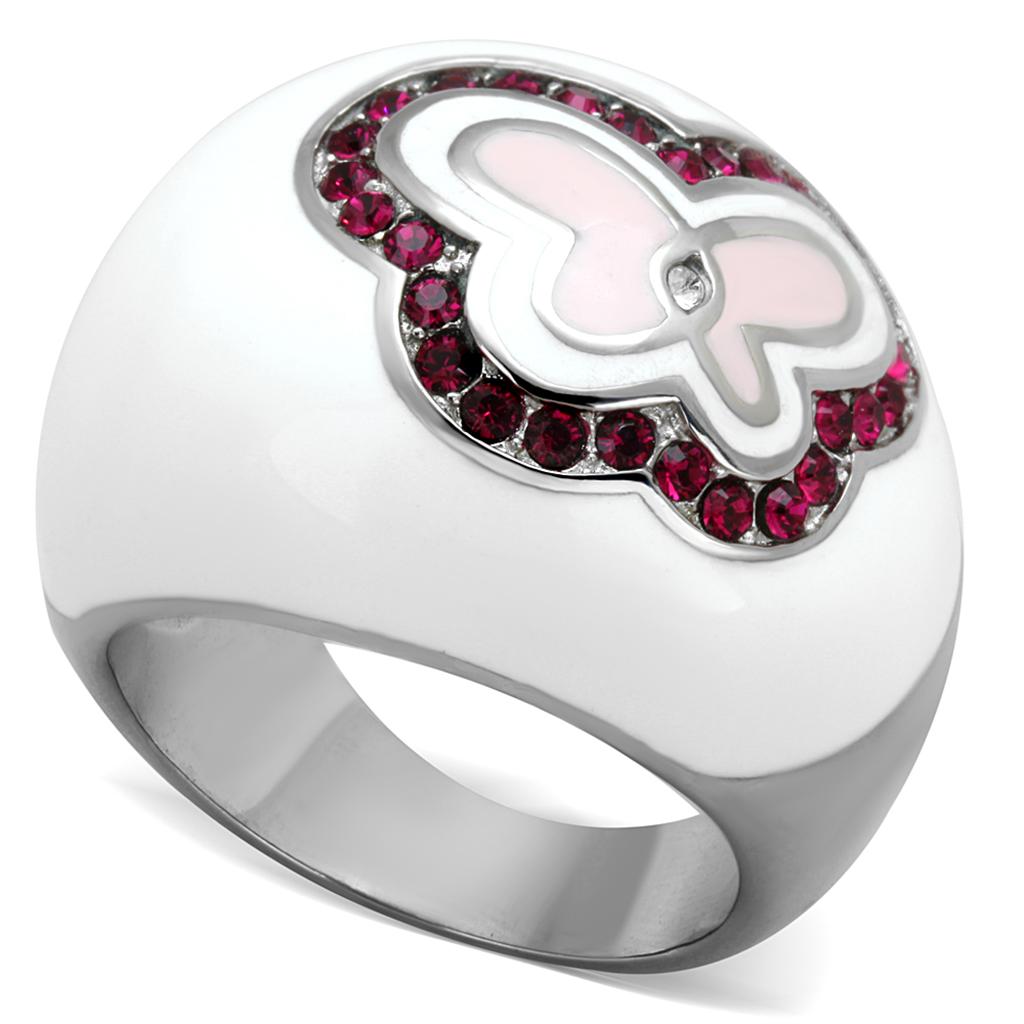 High polished (no plating) Stainless Steel Ring with Top Grade Crystal  in Ruby