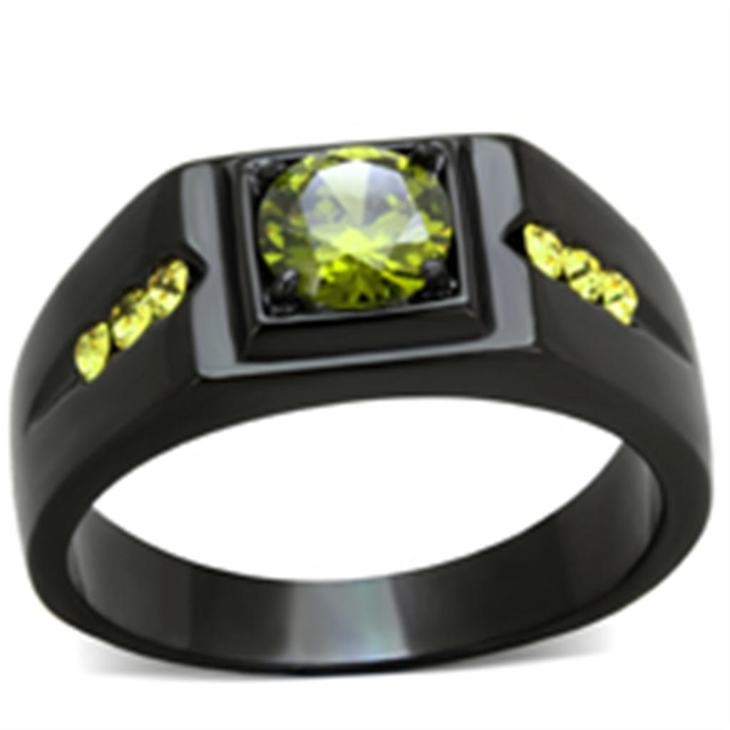 IP Black(Ion Plating) Stainless Steel Ring with AAA Grade CZ  in Olivine color