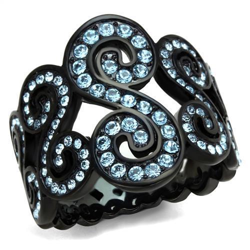 IP Black(Ion Plating) Stainless Steel Ring with Top Grade Crystal  in Sea Blue