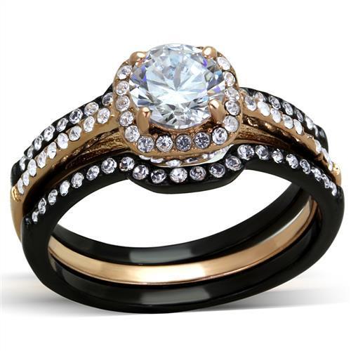 IP Rose Gold+ IP Black (Ion Plating) Stainless Steel Ring with AAA Grade CZ  in Clear