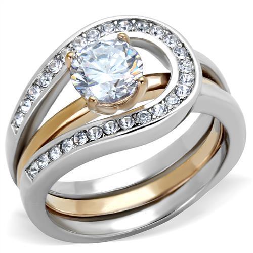 Two-Tone IP Rose Gold Stainless Steel Ring with AAA Grade CZ  in Clear