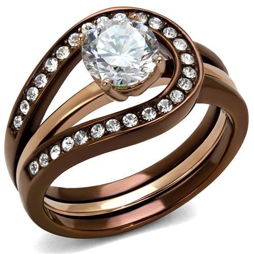 IP Rose Gold & IP light Coffee Stainless Steel Ring with AAA Grade CZ  in Clear