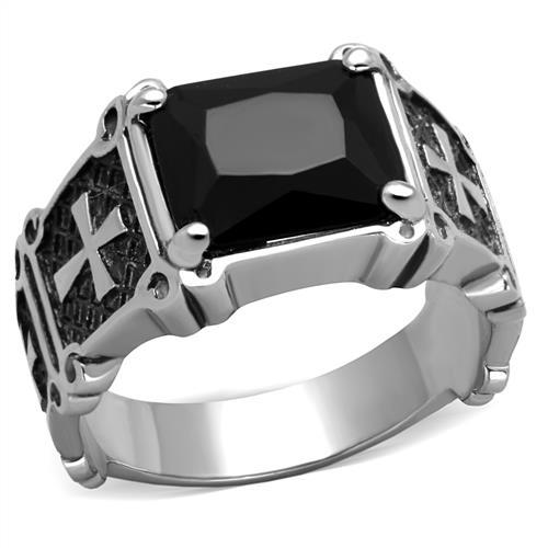 High polished (no plating) Stainless Steel Ring with Synthetic Synthetic Glass in Jet
