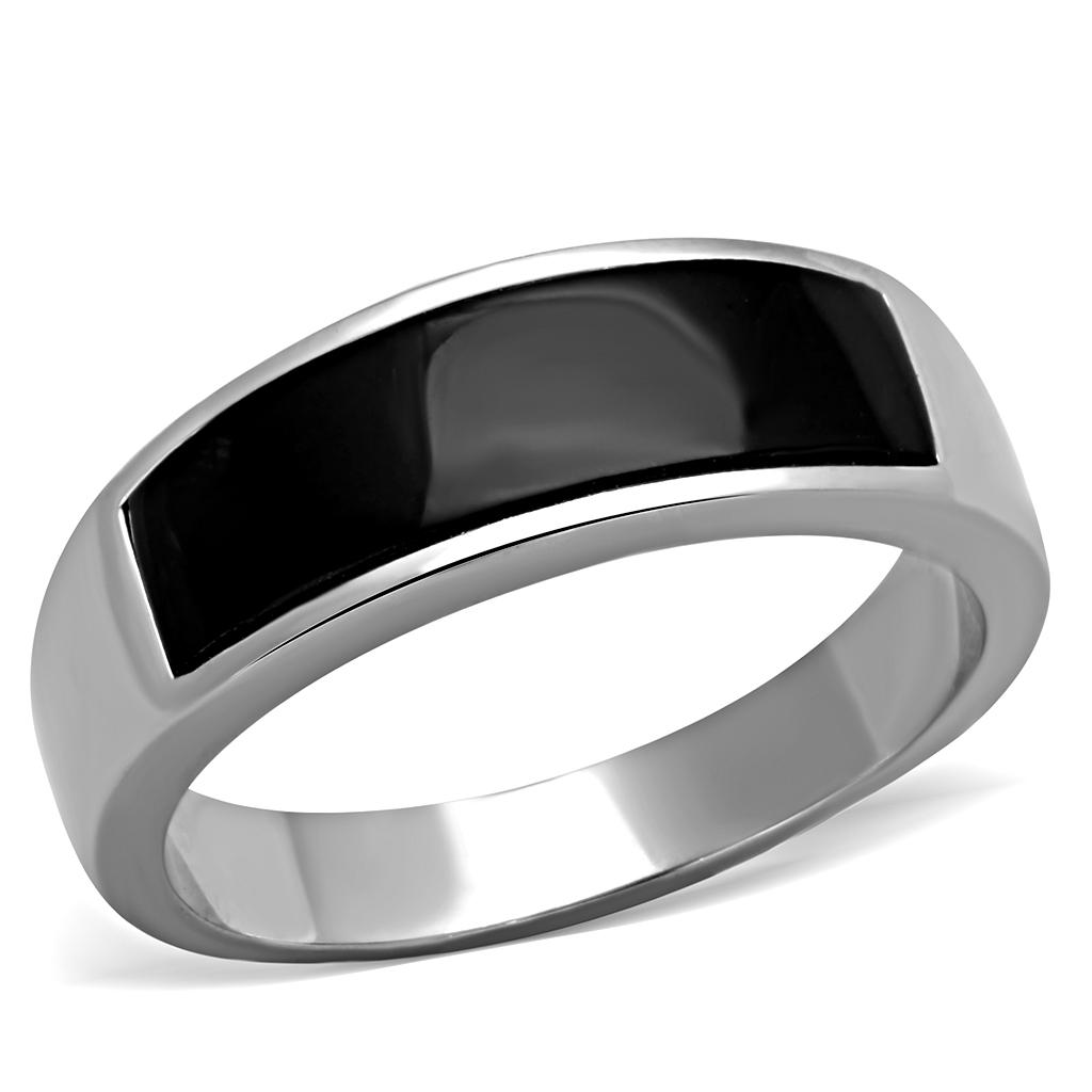 High polished (no plating) Stainless Steel Ring with Synthetic Onyx in Jet