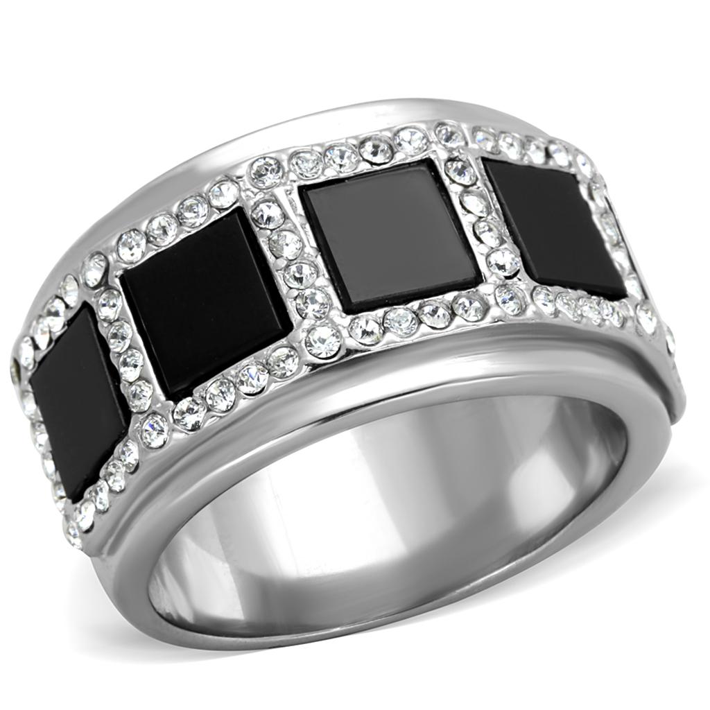High polished (no plating) Stainless Steel Ring with Synthetic Onyx in Jet