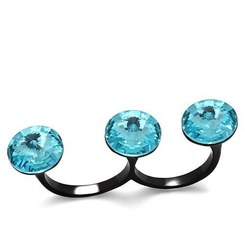 IP Black(Ion Plating) Stainless Steel Ring with Top Grade Crystal  in Sea Blue