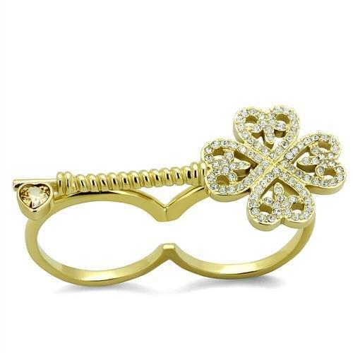 IP Gold(Ion Plating) Stainless Steel Ring with AAA Grade CZ  in Champagne