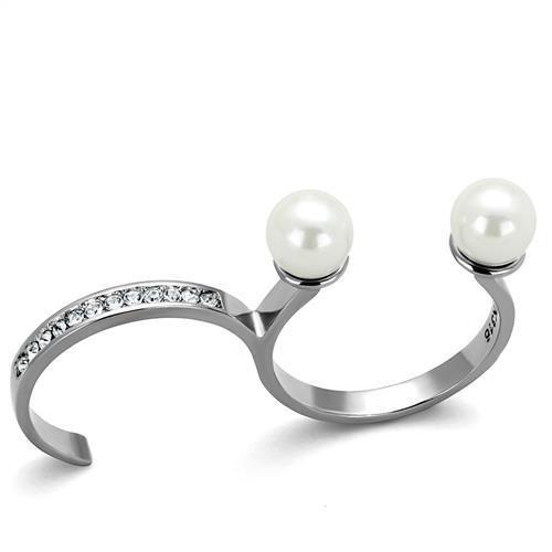 High polished (no plating) Stainless Steel Ring with Synthetic Pearl in White