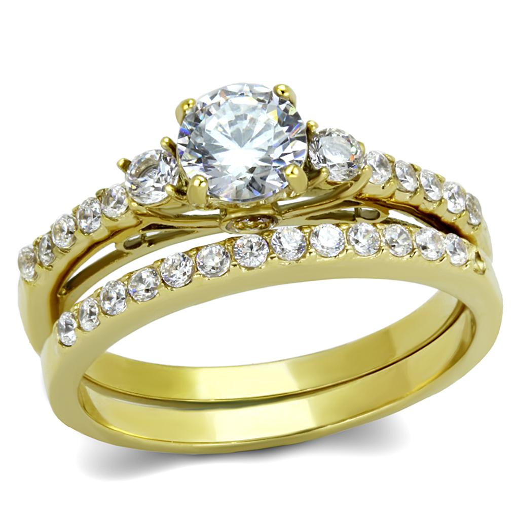 IP Gold(Ion Plating) Stainless Steel Ring with AAA Grade CZ  in Clear