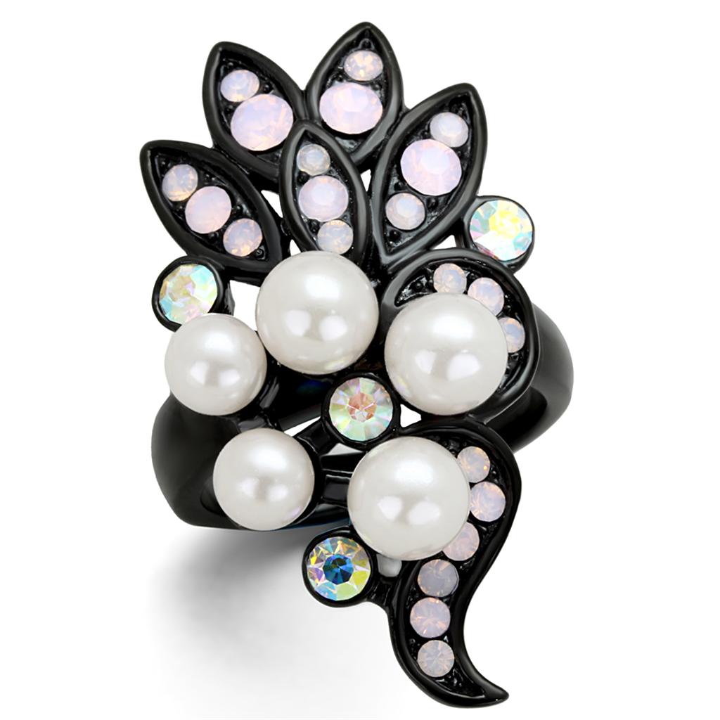IP Black(Ion Plating) Stainless Steel Ring with Synthetic Pearl in Light Rose