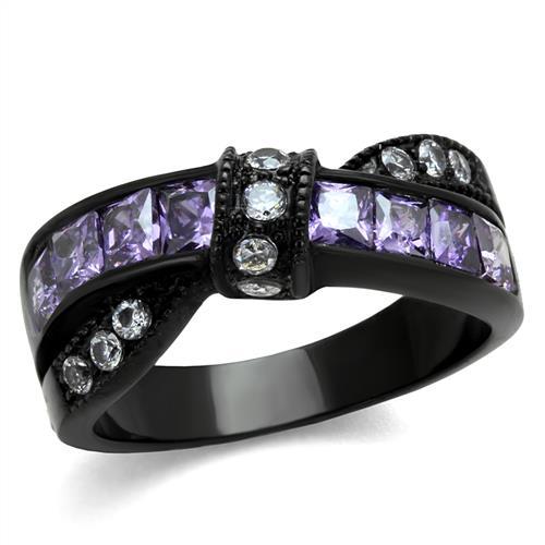 IP Black(Ion Plating) Stainless Steel Ring with AAA Grade CZ  in Amethyst
