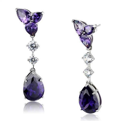 High polished (no plating) Stainless Steel Earrings with AAA Grade CZ  in Amethyst