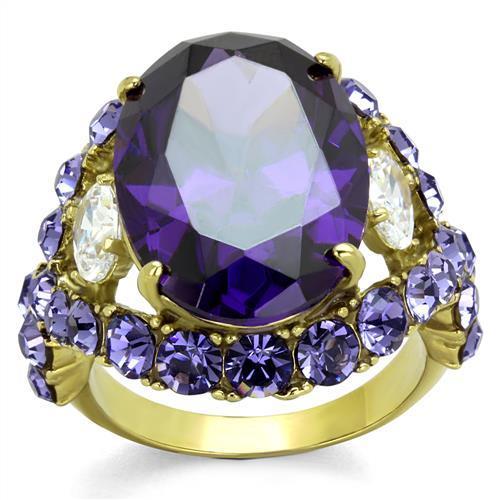 IP Gold(Ion Plating) Stainless Steel Ring with AAA Grade CZ  in Amethyst