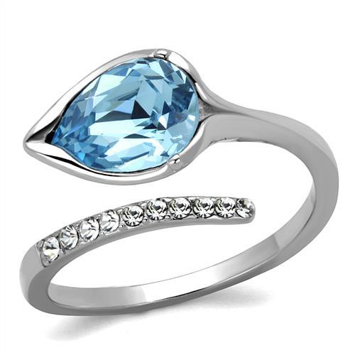 High polished (no plating) Stainless Steel Ring with Top Grade Crystal  in Sea Blue