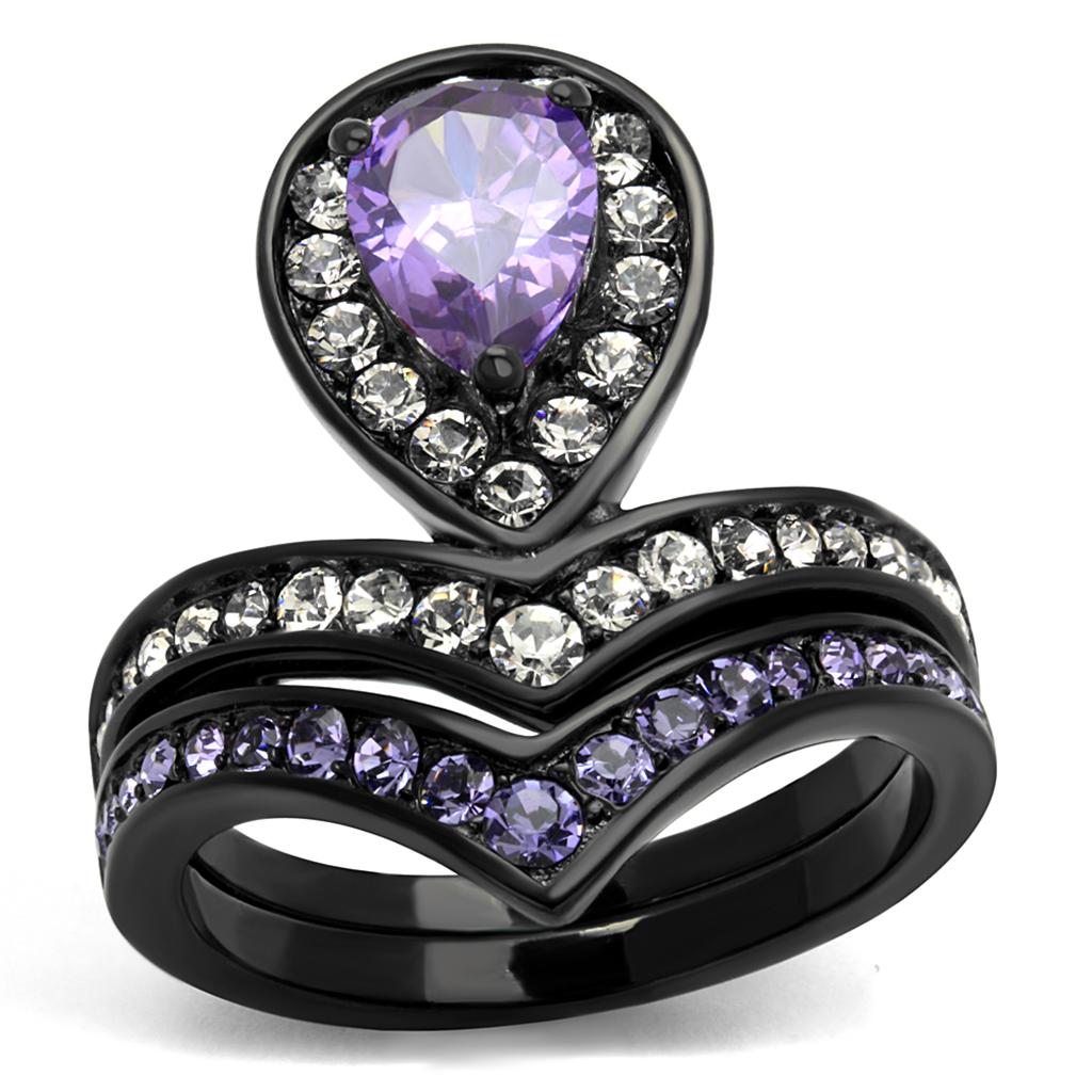IP Black(Ion Plating) Stainless Steel Ring with AAA Grade CZ  in Amethyst