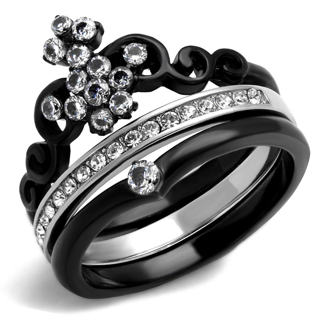 Two-Tone IP Black Stainless Steel Ring with AAA Grade CZ  in Clear